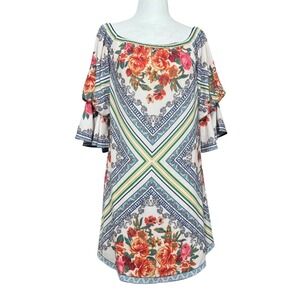 Jealous Tomato Women's Floral Dress Orange‎ Blue Bohemian Bell Sleeve Tunic SZ S